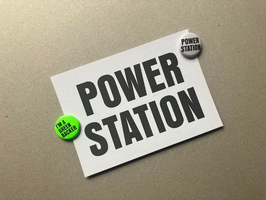 POWER STATION postcard and badges